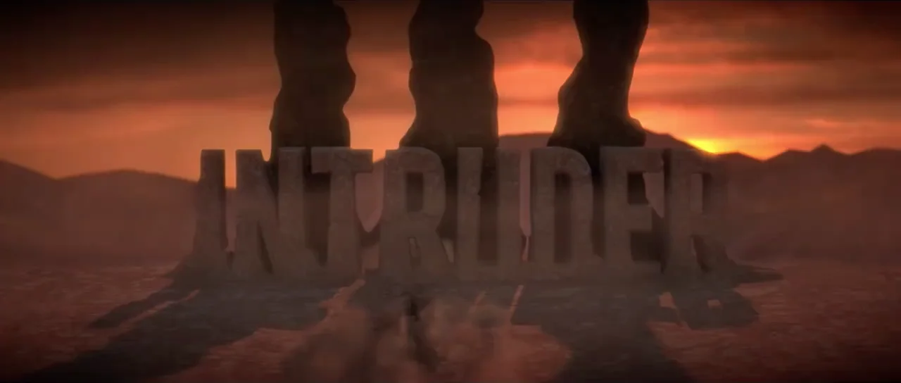 Toonami — Giant robot legs standing over the shattered Intruder logo in a desert sunset