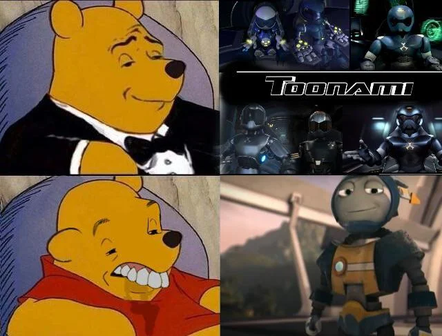 Tuxedo Winnie the Pooh meme comparing old Toonami TOM designs to a newer version