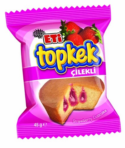 Pink wrapper of Eti Topkek Çilekli strawberry cupcake with product image