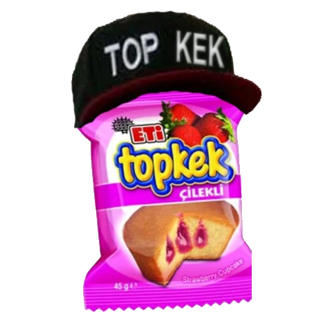 Eti Topkek strawberry cupcake package topped with a 'TOP KEK' snapback hat