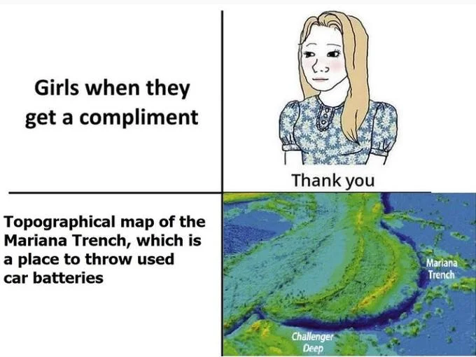 Topographical Map of Brazil — Meme panel showing compliment Wojak alongside a bathymetric map of the Mariana Trench with Challenger Deep labeled.
