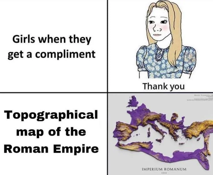 Topographical Map of Brazil — Meme panel with compliment Wojak beside a purple and gold topographical map of the Roman Empire.