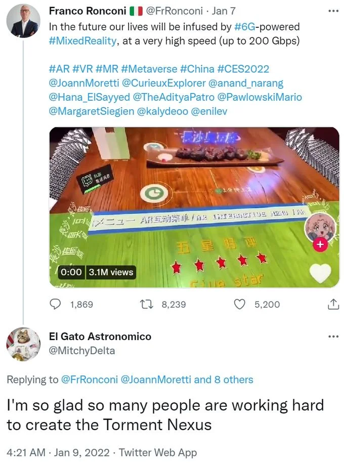 Twitter reply joking about creating the Torment Nexus in response to a 6G mixed reality tweet