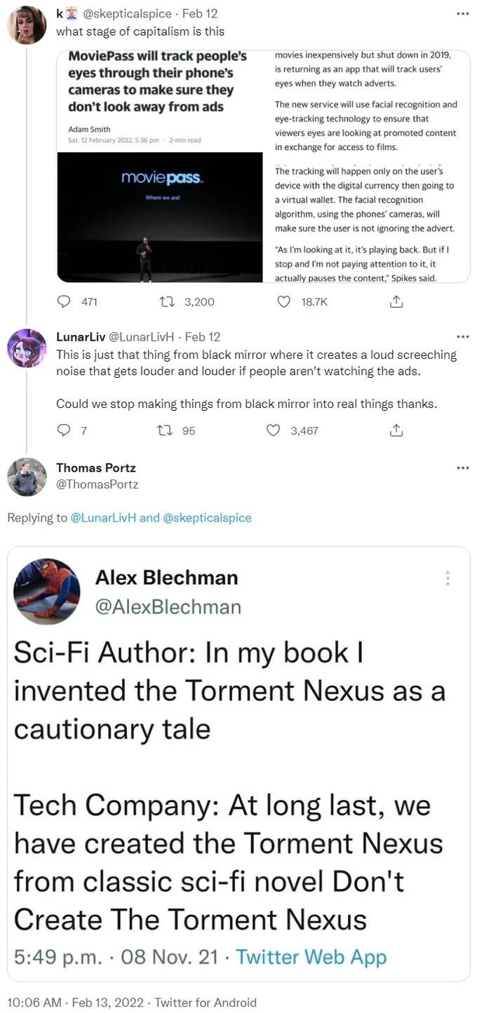 Twitter thread about MoviePass eye-tracking ads with the Torment Nexus tweet quoted as commentary