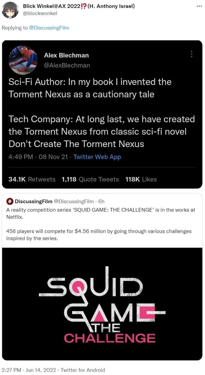 Tweet juxtaposing the Torment Nexus meme with the Squid Game: The Challenge announcement