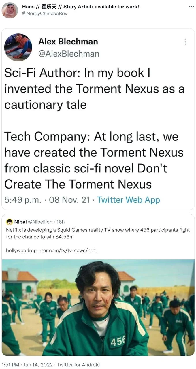 Tweet pairing the Torment Nexus meme with news of Netflix's Squid Game reality show