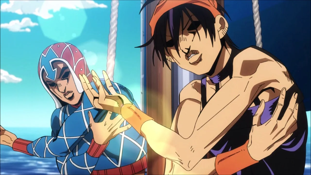 JoJo's Bizarre Adventure Golden Wind anime screenshot of Mista and Narancia doing the torture dance