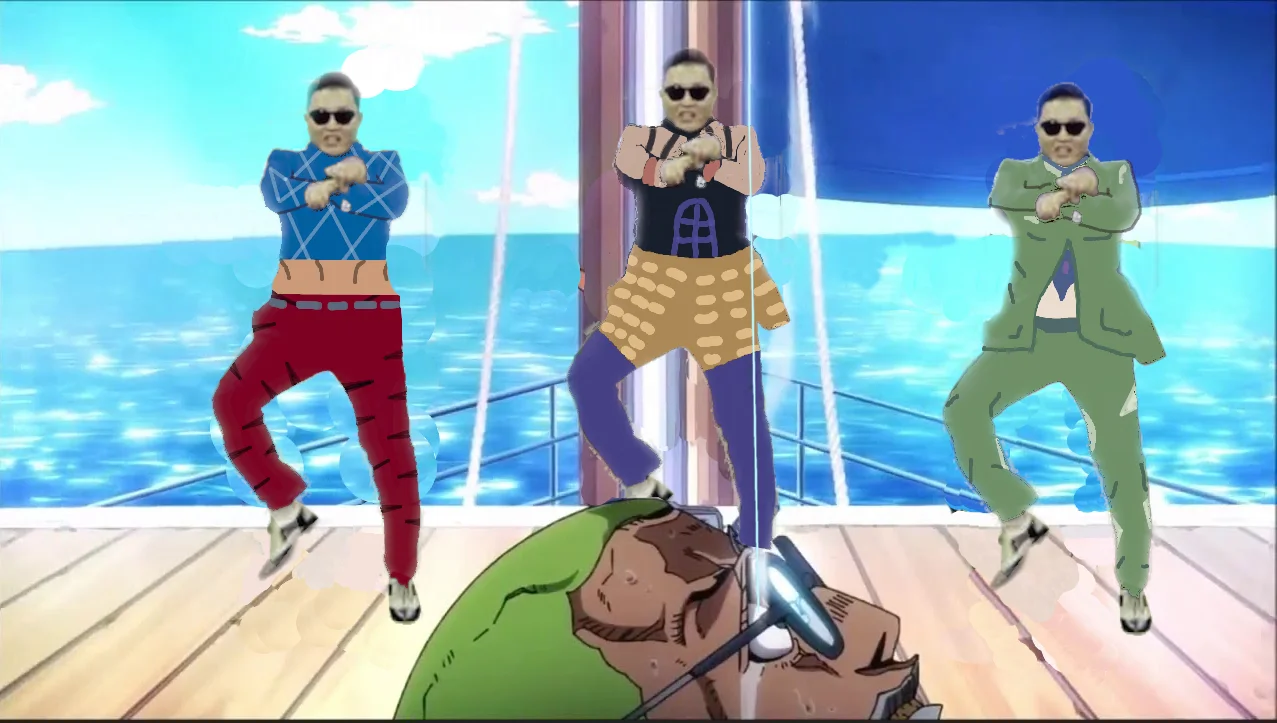 Animated GIF of Narancia, Mista and Fugo performing the torture dance on a ship