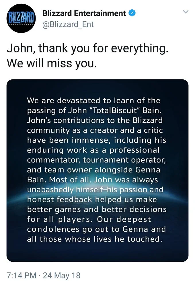 TotalBiscuit — Twitter memorial post announcing John Peter Bain's passing