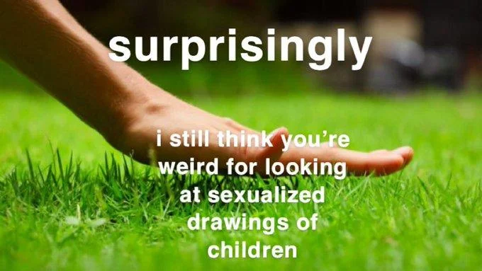 Touch Grass — Hand touching grass photo with white text 'surprisingly' and sarcastic commentary below.