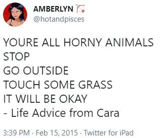 Twitter post screenshot from @hotandpisces using 'touch grass' as humorous life advice.