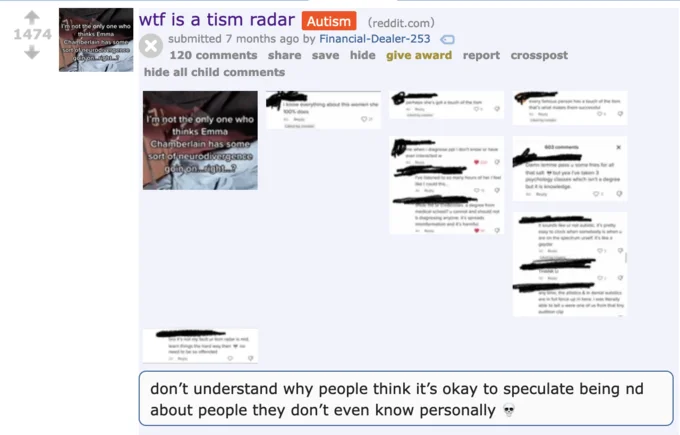 Touch Of The 'Tism — Reddit post 'wtf is a tism radar' with embedded TikTok comments speculating about a celebrity's neurodivergence.