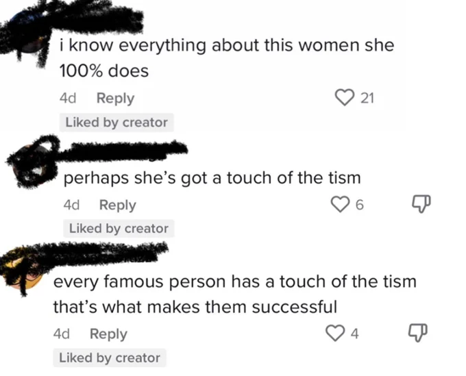 Touch Of The 'Tism — TikTok comment screenshot with redacted usernames speculating a woman has 'a touch of the tism'.