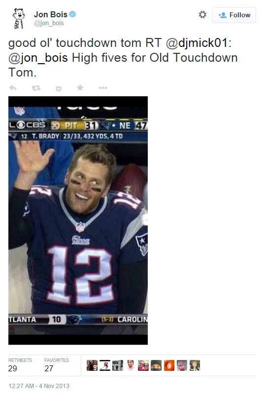 Touchdown Tom — Twitter screenshot by Jon Bois with CBS broadcast of Tom Brady in Patriots jersey smiling.