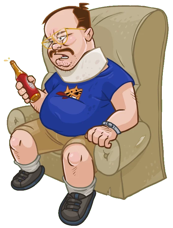 Tourette's Guy — Cartoon drawing of Tourettes Guy in an armchair holding a beer
