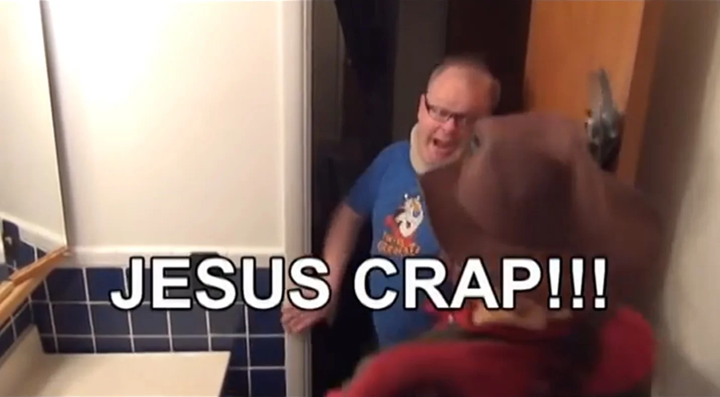 Tourette's Guy — Tourettes Guy opening a bathroom door with text overlay Jesus Crap