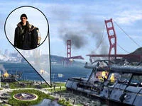 Person posed on observation deck overlooking cityscape matching Tourist Guy composition.