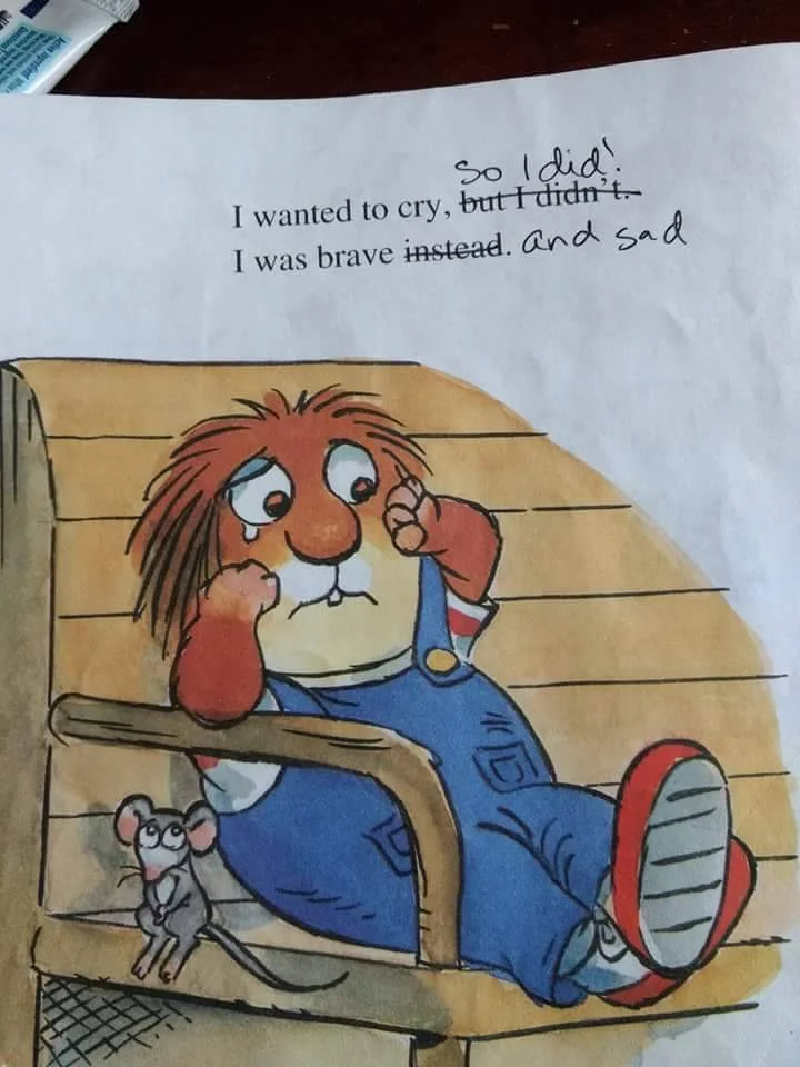Toxic Masculinity — Little Critter book page edited to allow the character to cry and be brave