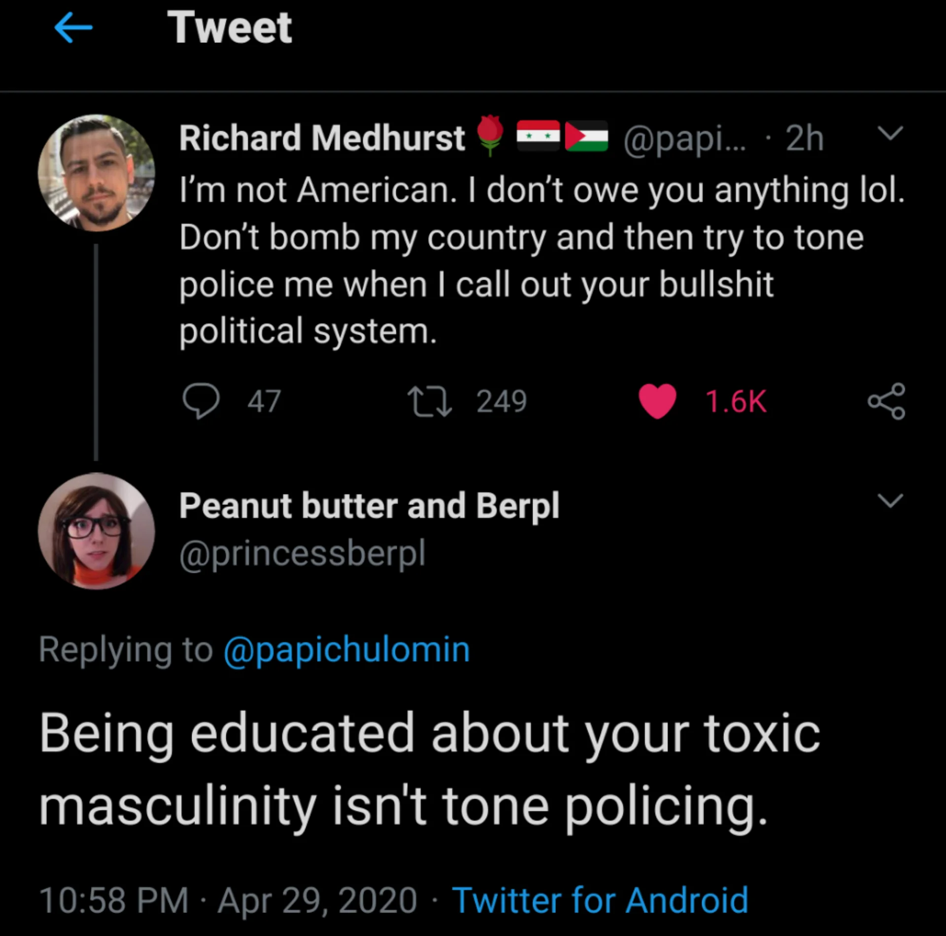 Twitter screenshot replying that education about toxic masculinity is not tone policing