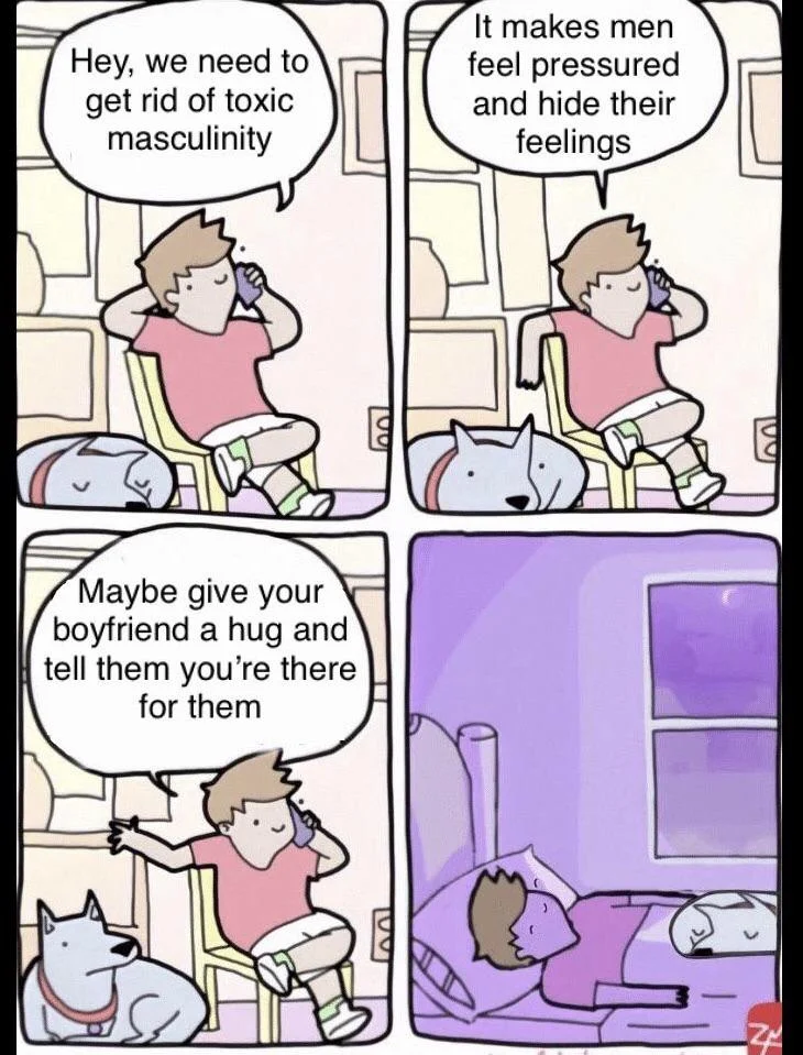 Four-panel comic about combating toxic masculinity through emotional support