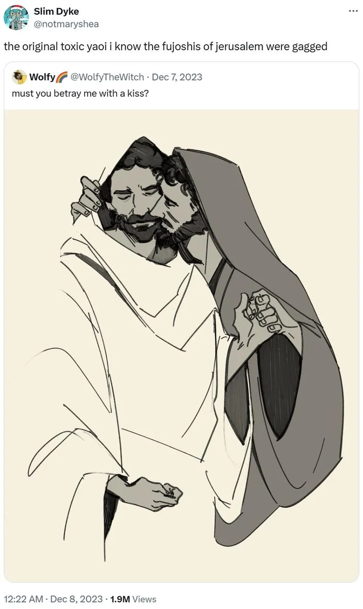 Toxic Yaoi Doomed Yaoi — Tweet calling Jesus and Judas the original toxic yaoi with fan art of betrayal kiss