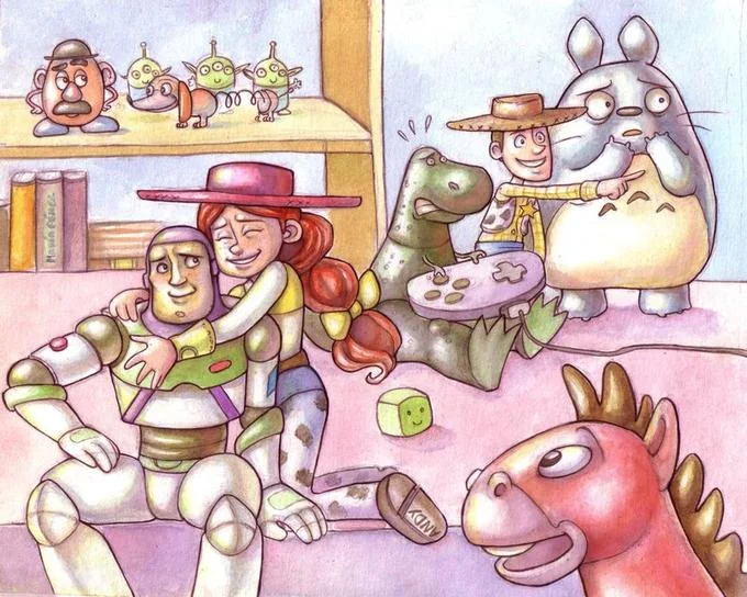 Painting of Buzz Lightyear and Woody facing each other in Toy Story fan art