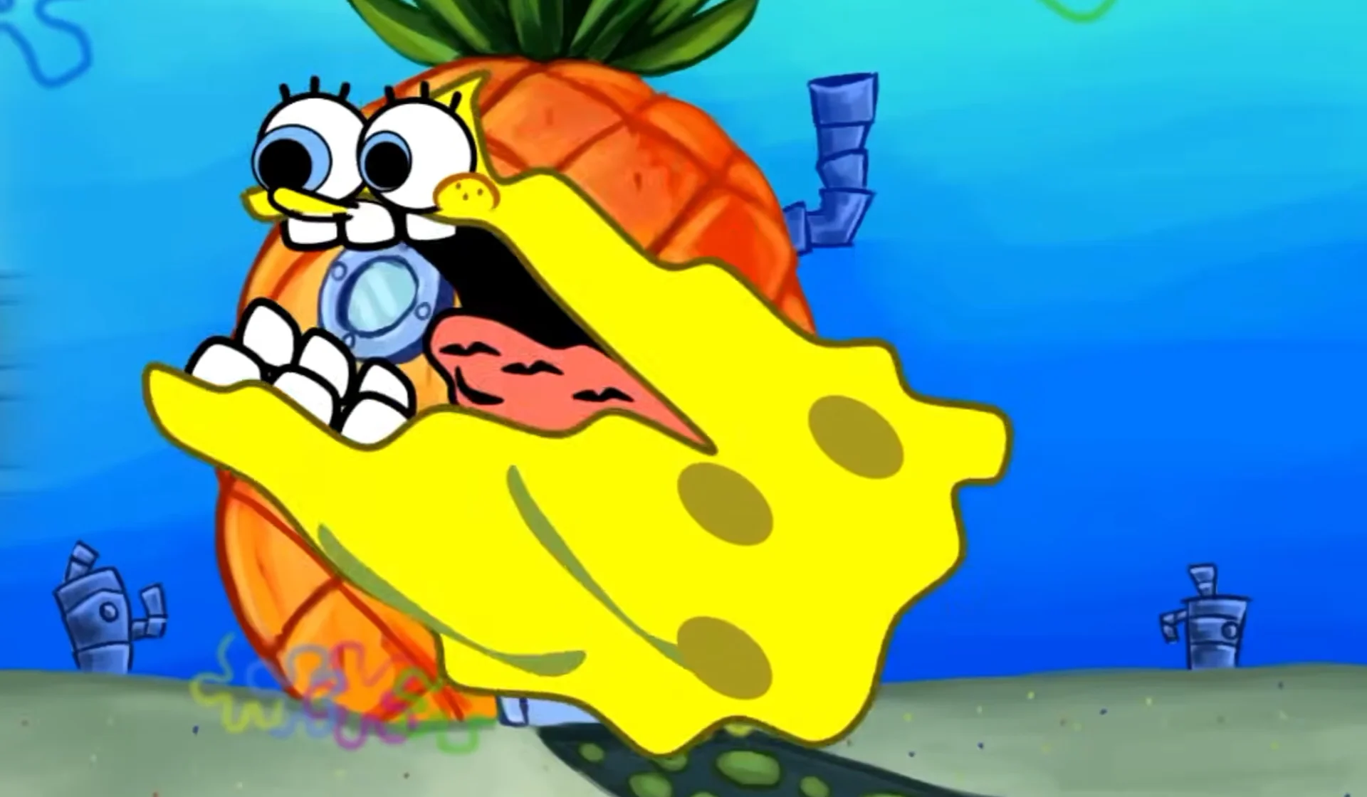 Tra La La SpongeBob — Distorted melting SpongeBob SquarePants with exaggerated googly eyes and flattened yellow body in front of his pineapple house