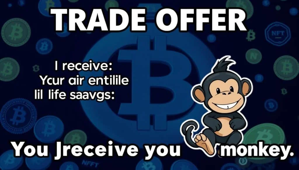 Crypto-themed Trade Offer on dark blue with Bitcoin symbols about life savings versus monkey emoji.