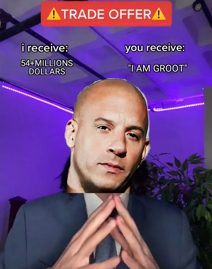 Trade Offer with bald man in suit offering millions versus 'I AM GROOT' text.