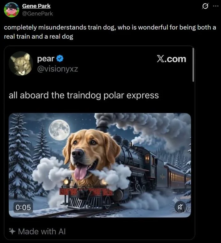 Tweet quoting an AI-generated Polar Express Train Dog with commentary about missing the point