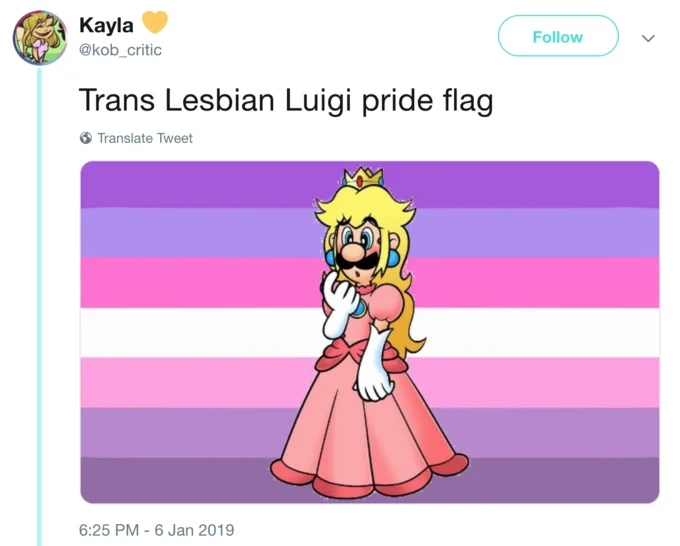 Trans Luigi — Tweet by @kob_critic captioned 'Trans Lesbian Luigi pride flag' showing Luigi dressed as Princess Peach over flag stripes