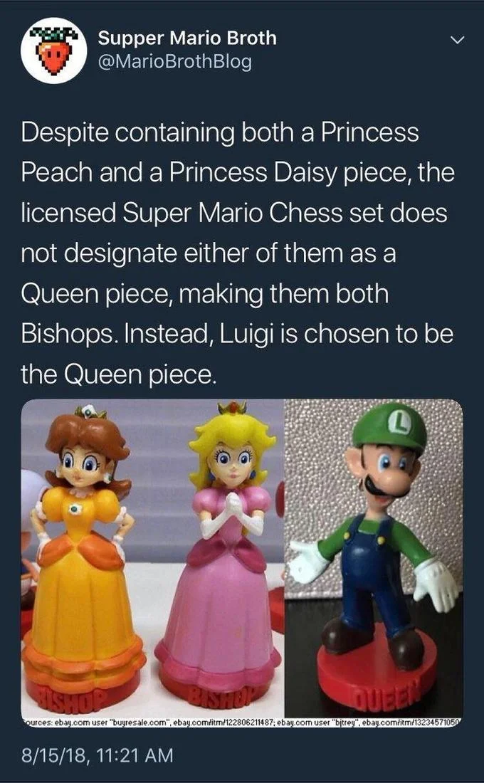 Trans Luigi — Tweet by Supper Mario Broth showing Super Mario Chess figurines of Daisy and Peach as Bishops and Luigi labeled as Queen