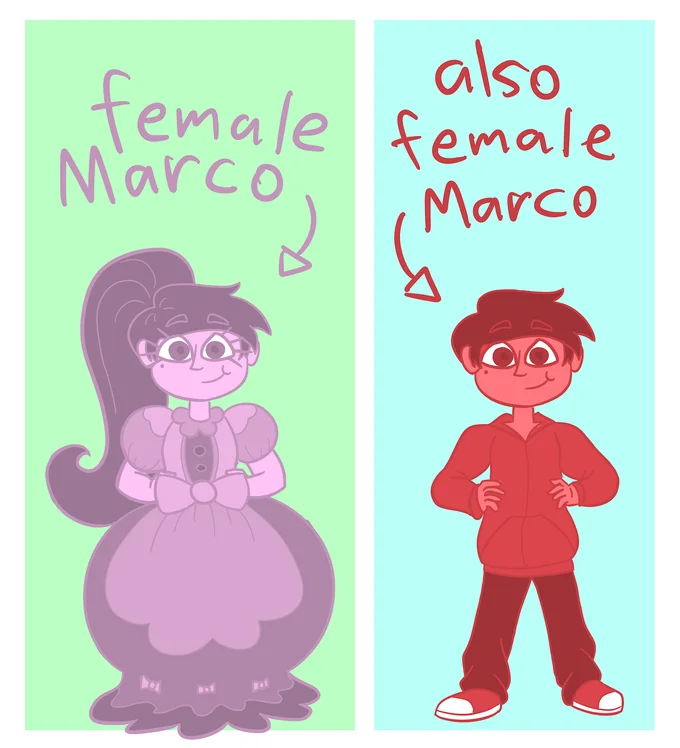 Trans Marco Theory — Two-panel fan illustration showing Marco in dress and hoodie labeled female presentations.