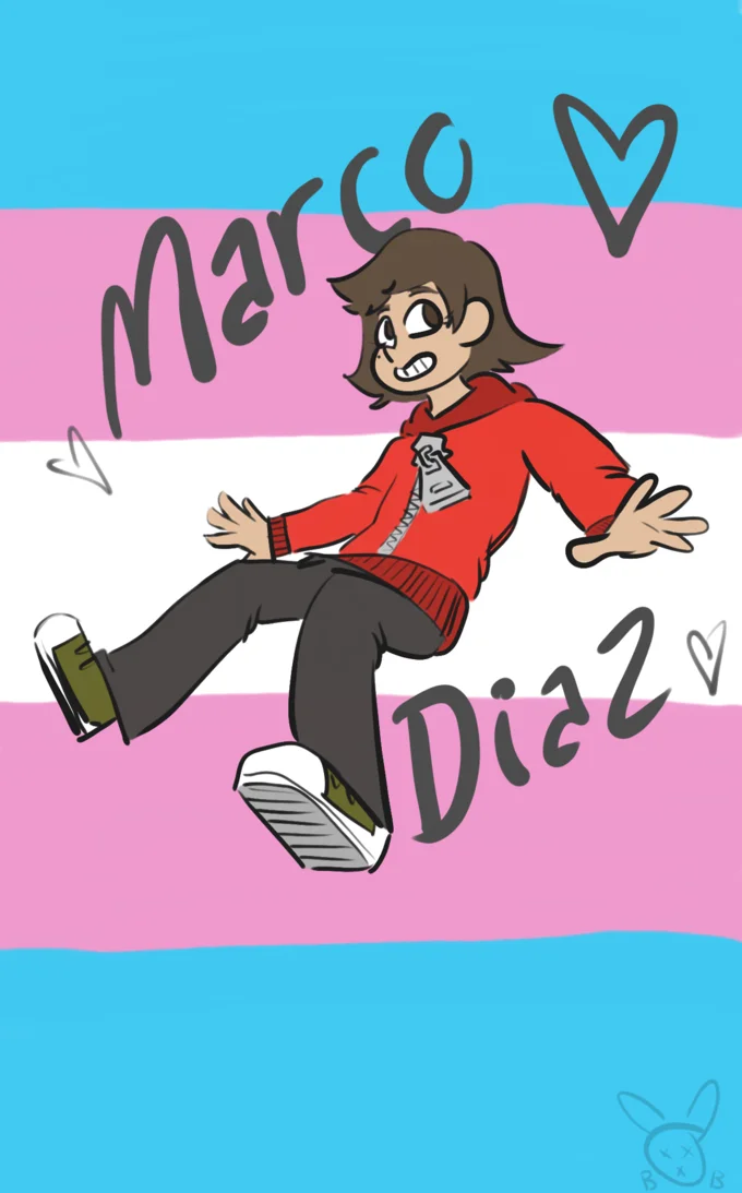 Trans Marco Theory — Cheerful fan illustration of Marco jumping on transgender pride flag background.