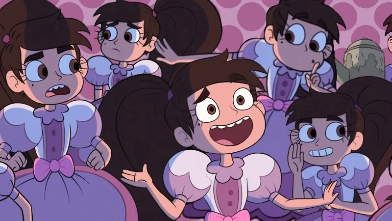 Trans Marco Theory — Official animation screenshot of Marco smiling in purple dress at St. Olga's reform school episode.