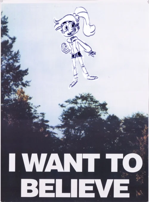 Trans Marco Theory — X-Files parody poster with female Marco floating above trees and 'I WANT TO BELIEVE' text.