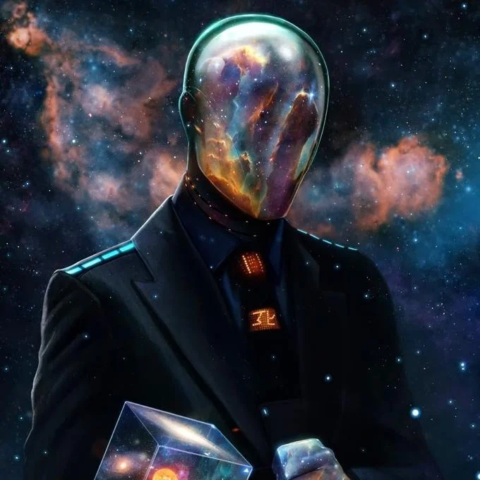 Transhumanism — Cosmic humanoid figure in suit with nebula-filled head holding galaxy cube
