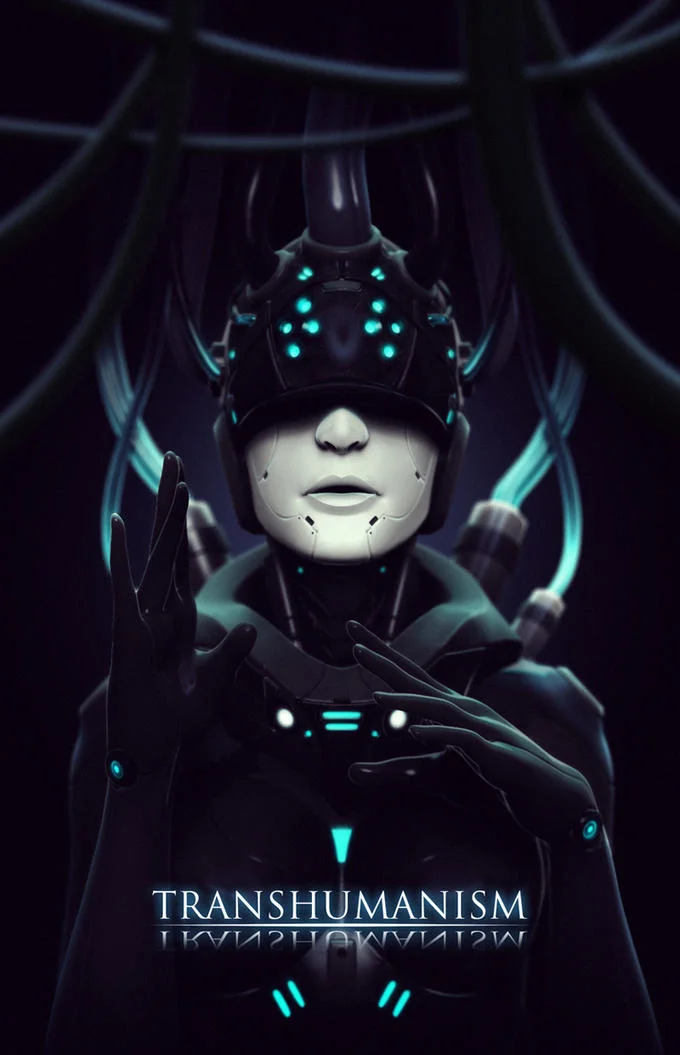 Cybernetic figure with helmet and mechanical arms labeled Transhumanism