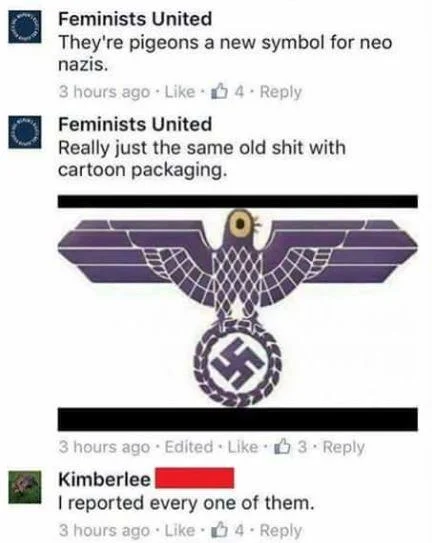 Facebook comments calling Trash Doves a neo-Nazi symbol, with purple Nazi eagle image