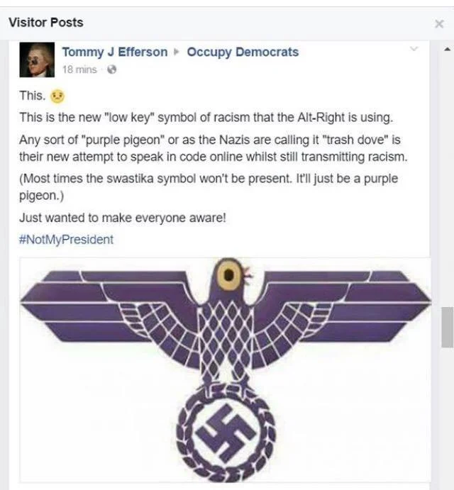 Trash Doves — Facebook visitor post warning that the trash dove is an alt-right racism symbol