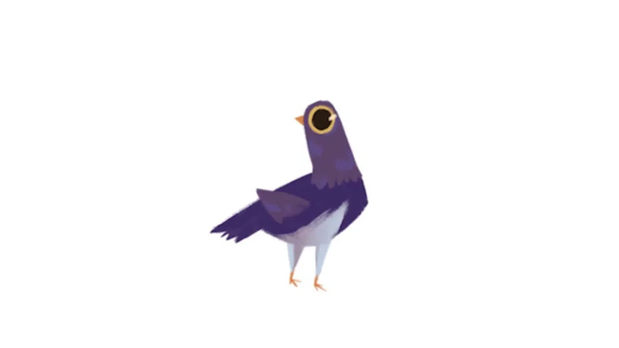 Trash Doves — Purple cartoon pigeon with large yellow eye standing on white background