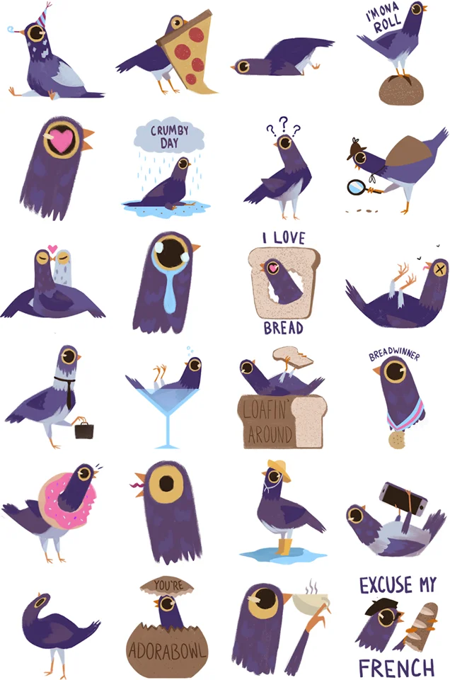 Trash Doves — Grid of Trash Dove Facebook stickers showing purple pigeon in various poses and expressions