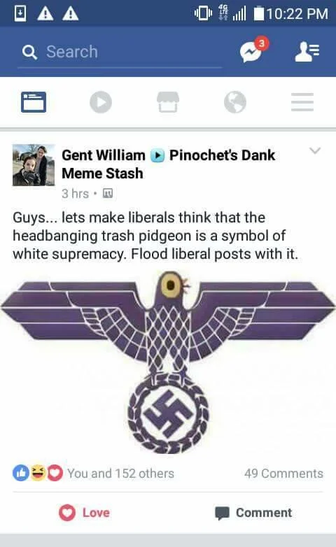 Facebook screenshot of post proposing a hoax to brand Trash Doves as a white supremacy symbol, with purple Nazi eagle image
