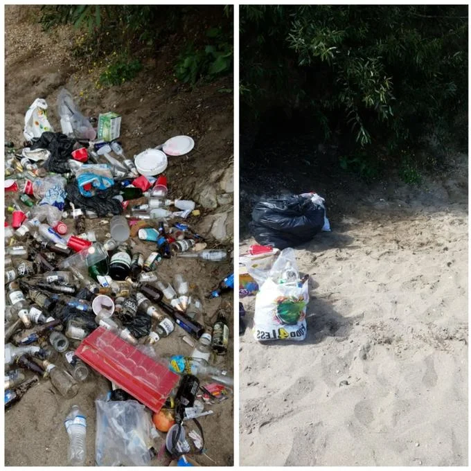 Trashtag — Beach before and after cleanup, with bottles and plastic litter removed and placed into bags.