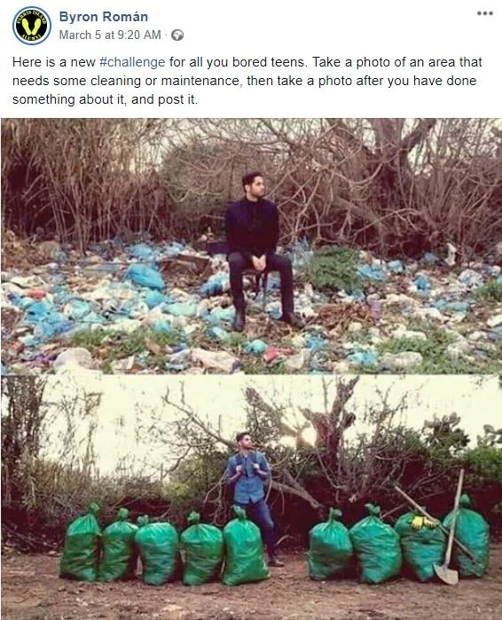 Trashtag — Facebook post screenshot of Byron Roman proposing a cleanup challenge, with before and after photos of a trash site.