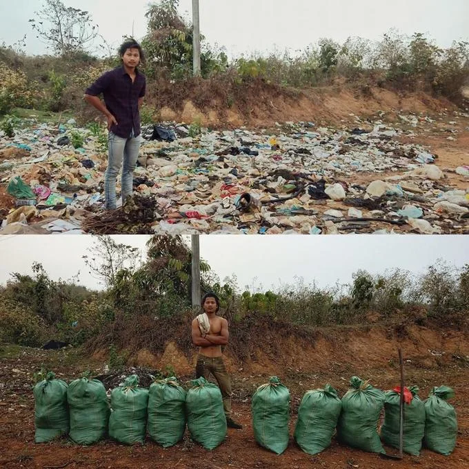 Trashtag — Before and after photos of a man cleaning a roadside dump into many green sacks of trash.