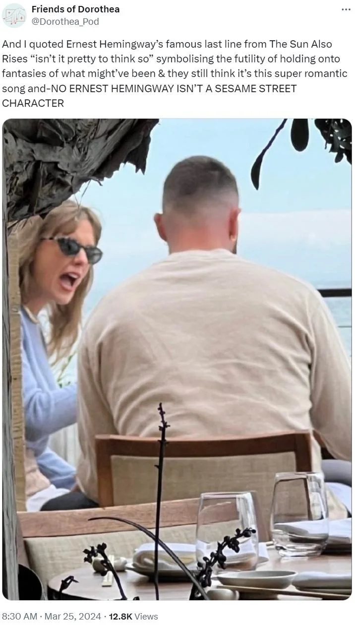 Travis Kelce Taylor Swift — Taylor Swift restaurant meme with Twitter overlay discussing Hemingway literary references and character analysis.