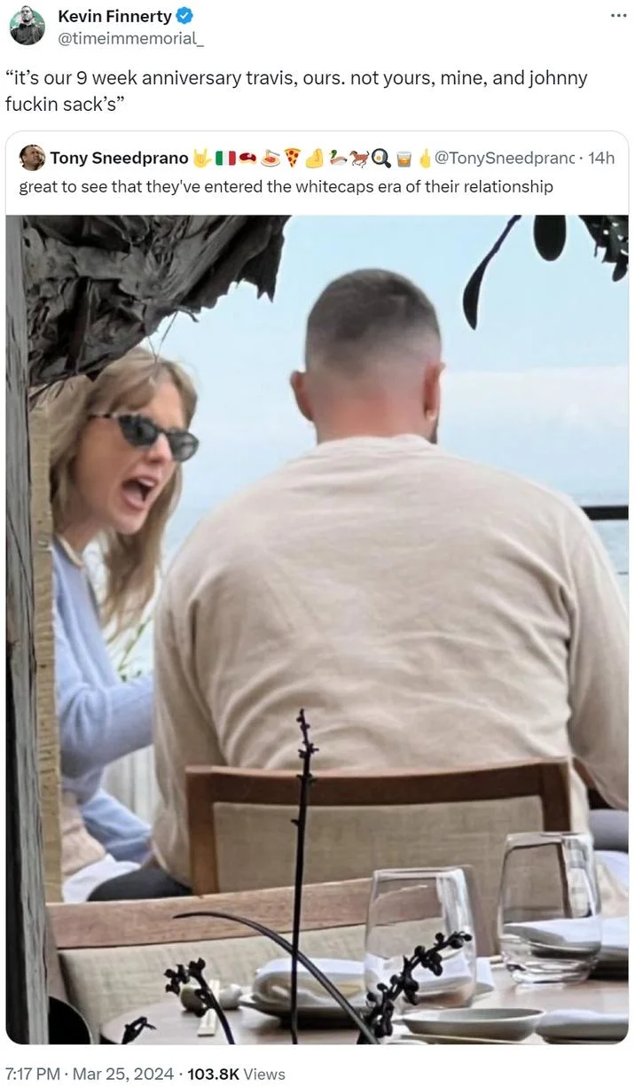 Travis Kelce Taylor Swift — Taylor Swift restaurant meme with Twitter from Kevin Finnerty referencing NFL anniversaries and relationship timeline.