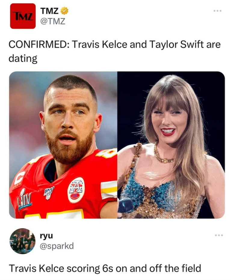Travis Kelce Taylor Swift — Official TMZ tweet announcing confirmed relationship between Kansas City Chiefs player Travis Kelce and pop superstar Taylor Swift.