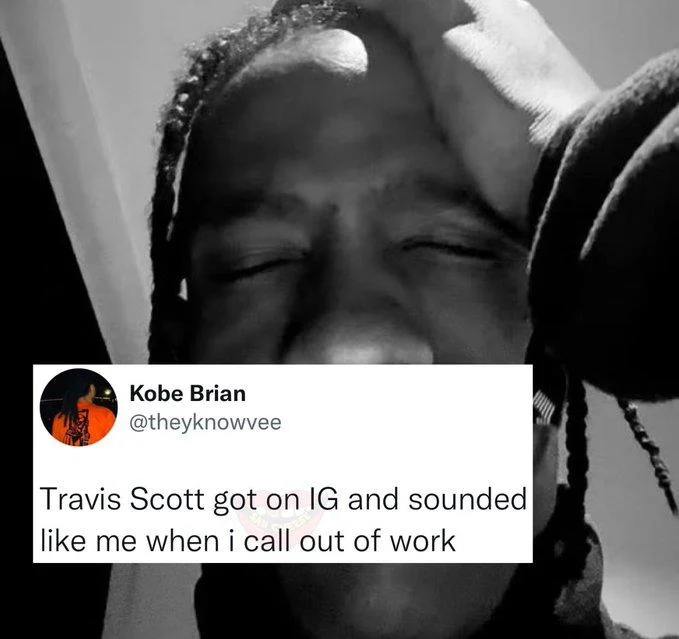 Travis Scotts Apology Video — Close-up still from video with tweet comparing to calling out of work.